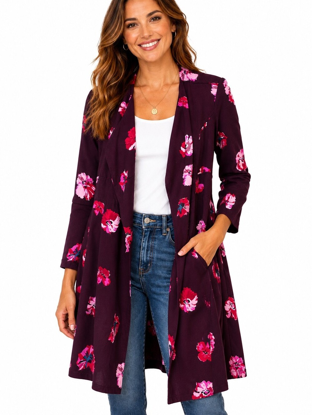 Maison Cinqcent 500 Floral Open Front Duster Cardigan Women's Medium Belted